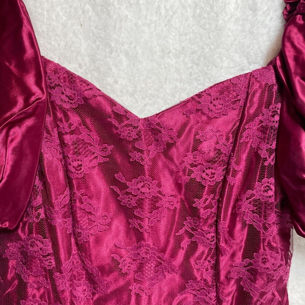 Vintage 80s Magenta Lace Satin Dress Puff Sleeve Prom Party Retro Size Small - Picture 6 of 15